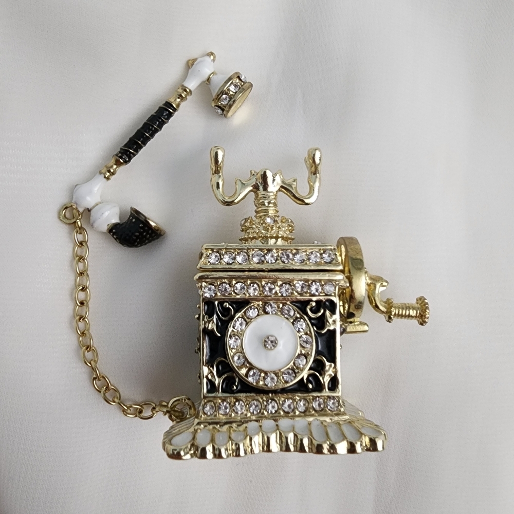 Vintage-Style Rhinestone Telephone Trinket Box Proposal Ring Jewelry Enamel